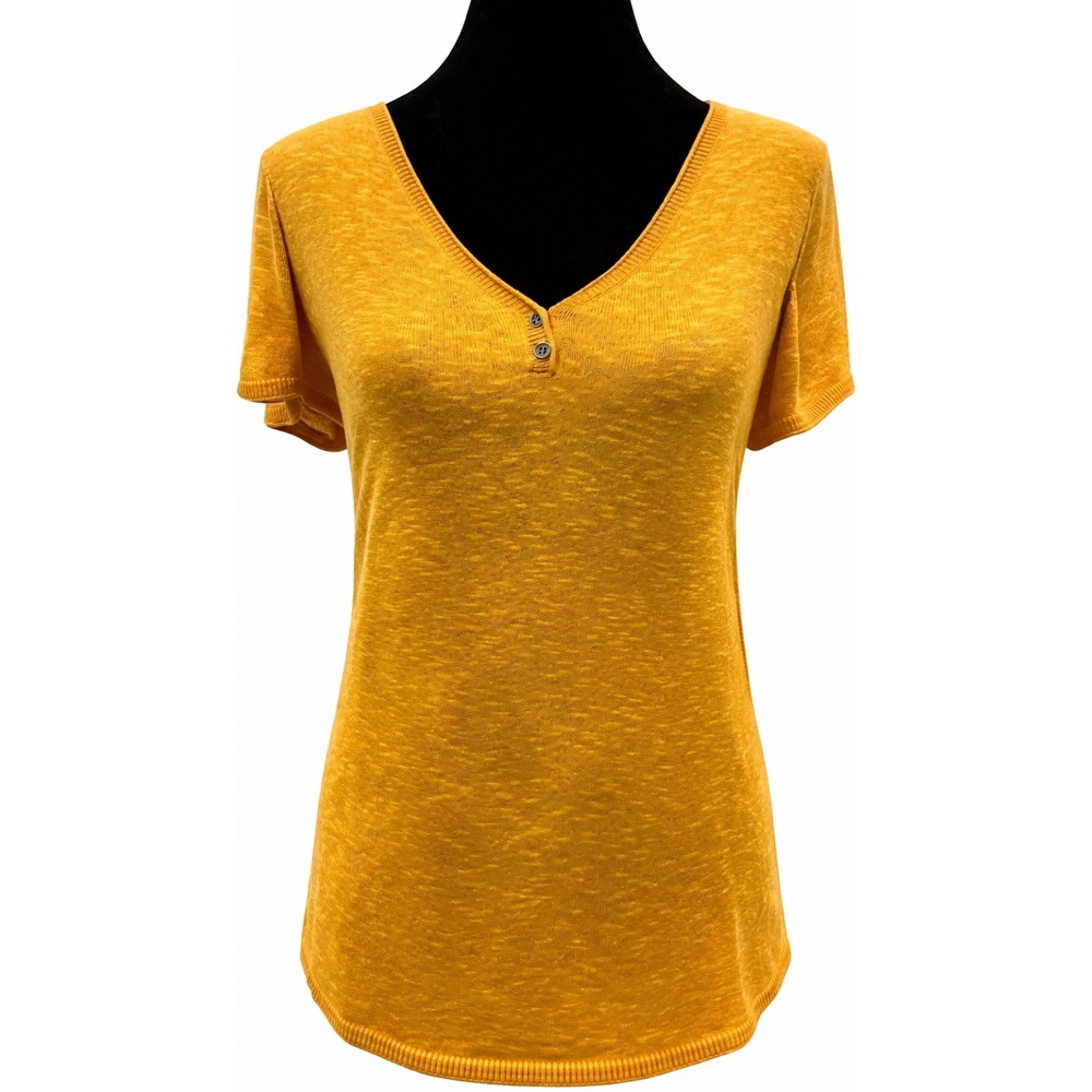 Eileen Fisher Womens Pullover Short Sleeve‎ Henley Top Large Gold Linen Blend